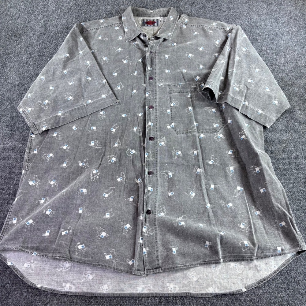 Vtg Hysteria Button Down Shirt Mens XL Grey Abstract Print Short Sleeve Casual